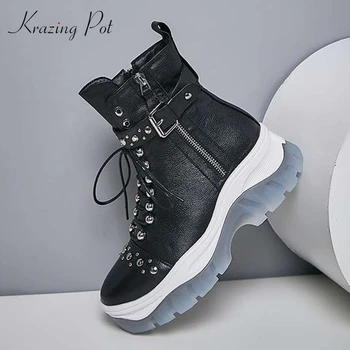 

krazing pot winter full grain leather metal rivets thick bottom high heels round toe luxury cozy preppy style mid-calf boots l47