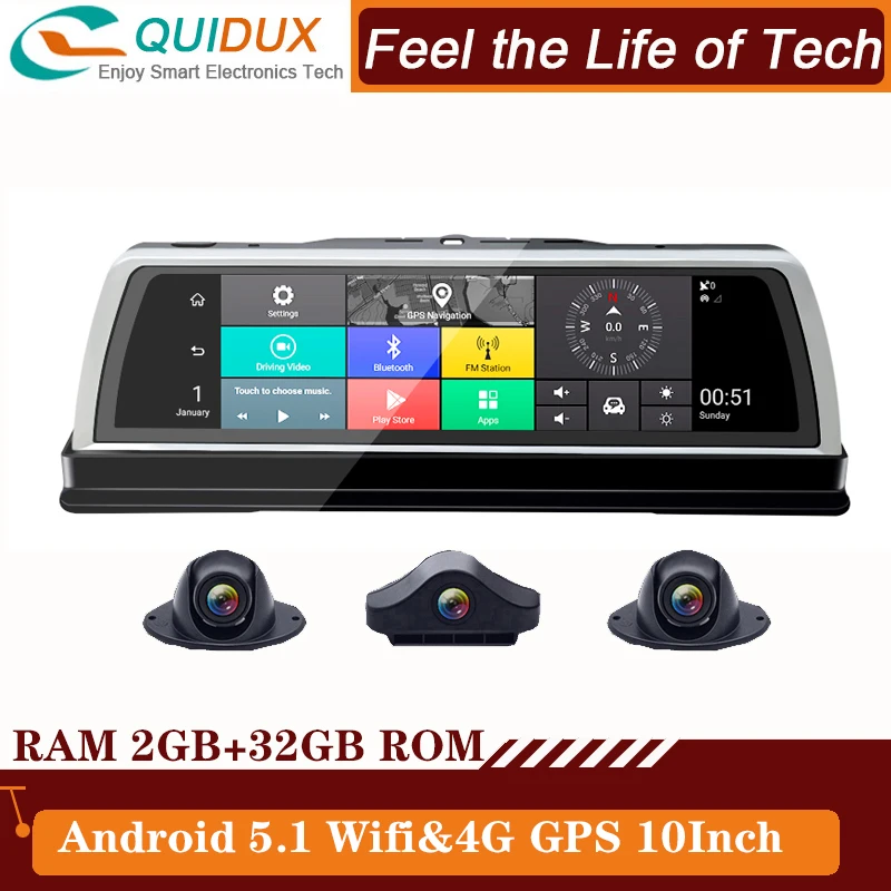 

4 Channel Dashboard Center Console Mirror 4G Android 5.1 10 Inch Touch 1080P WIFI Car DVR Camera ADAS GPS Dash CamVideo Recorder