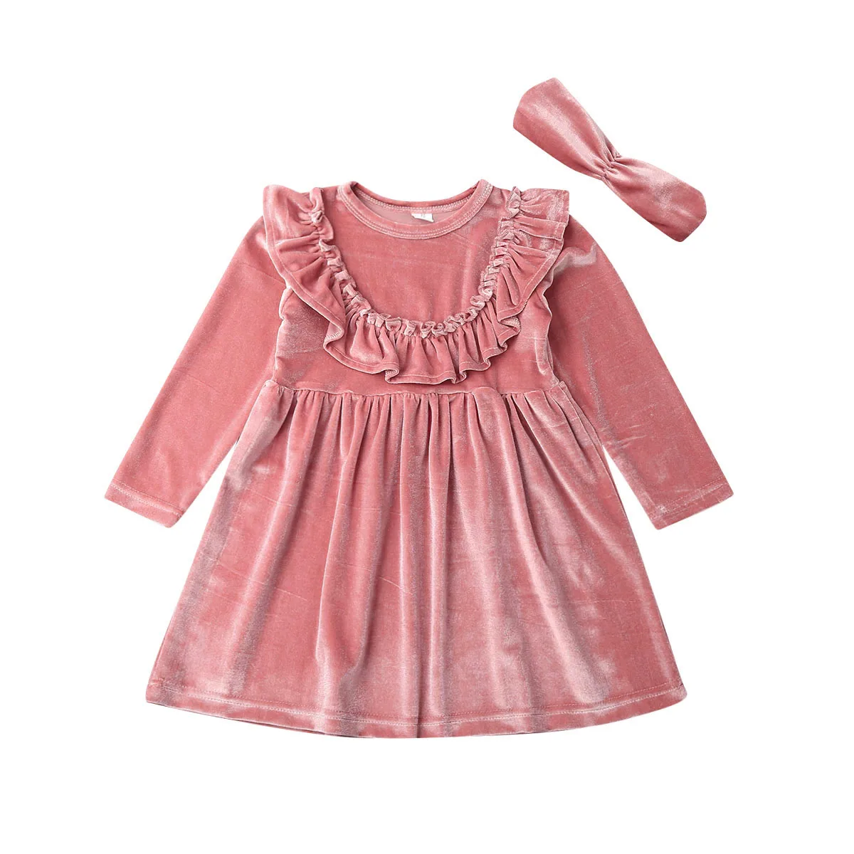 Детское платье для маленьких девочек от 1 до 6 лет 2 предмета, розовое однотонное бархатное праздничное платье принцессы с рюшами нарядное платье с повязкой на голову