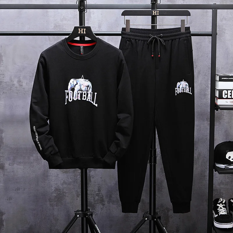 

2019 New Style Autumn Clothing Fashion Printed Men Sports Casual Two-Piece Set Long Sleeve Crew Neck Hoodie Suit Men's