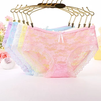 

Fashion Women's Panties Briefs Transparent Underwear Lace Soft Briefs Sexy Lingerie Floral Bow Low-Rise Candy Color Underwear