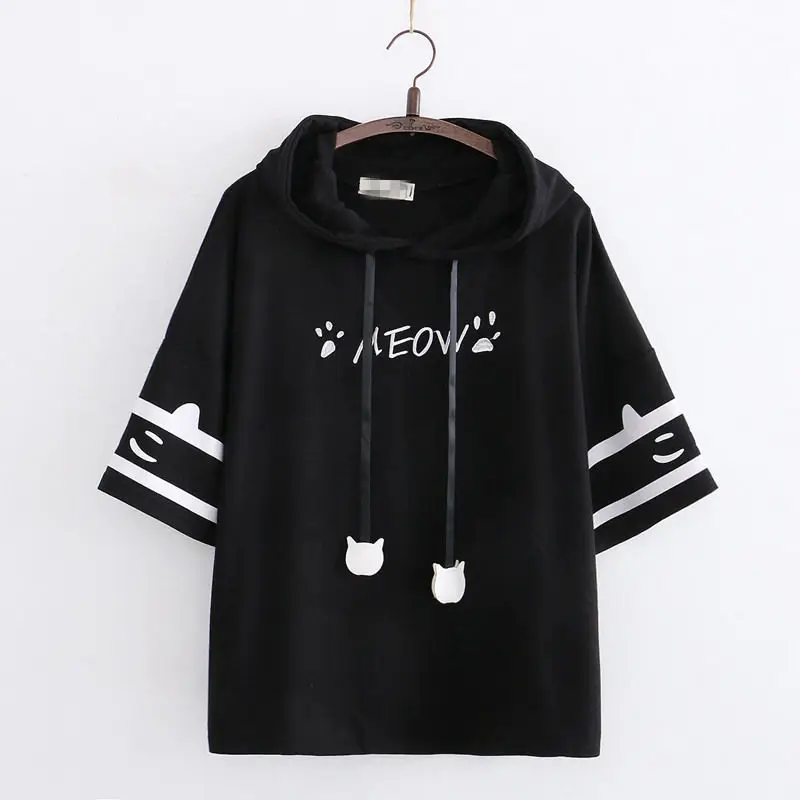 T-shirts Women Patchwork Loose Haruku All-match Short Sleeve Hooded Summer Cute Korean Version Stylish Student Tops799_voghion.com