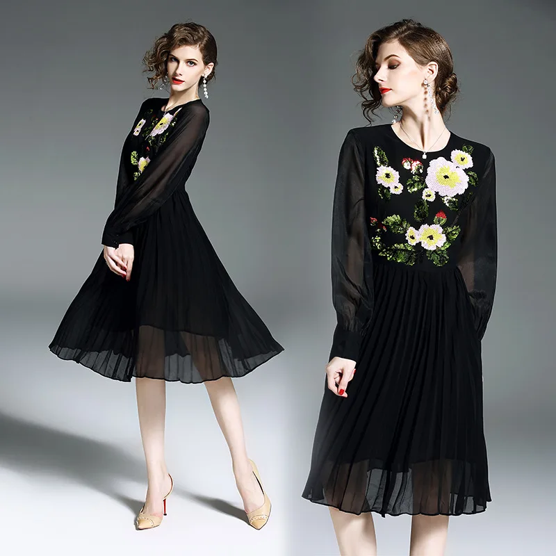 

2018 Autumn Clothing New Style Europe And America Women's Dress Colored Sequins Pleat And Waisted Dress Fashion