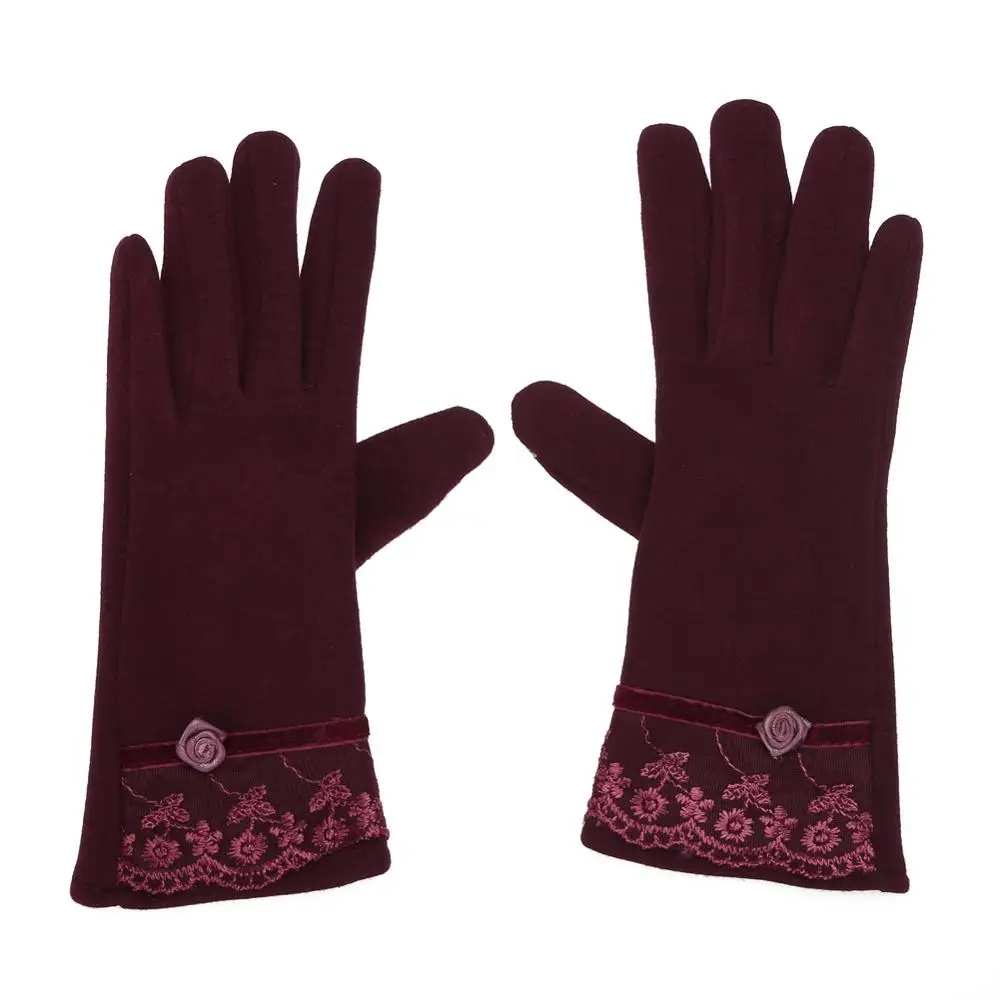 Женские кружевные перчатки, варежки для сенсорного экрана, овечья шерсть, зимние теплые утолщенные ганты, тактильные перчатки, модные элегантные женские зимние перчатки - Цвет: Бургундия