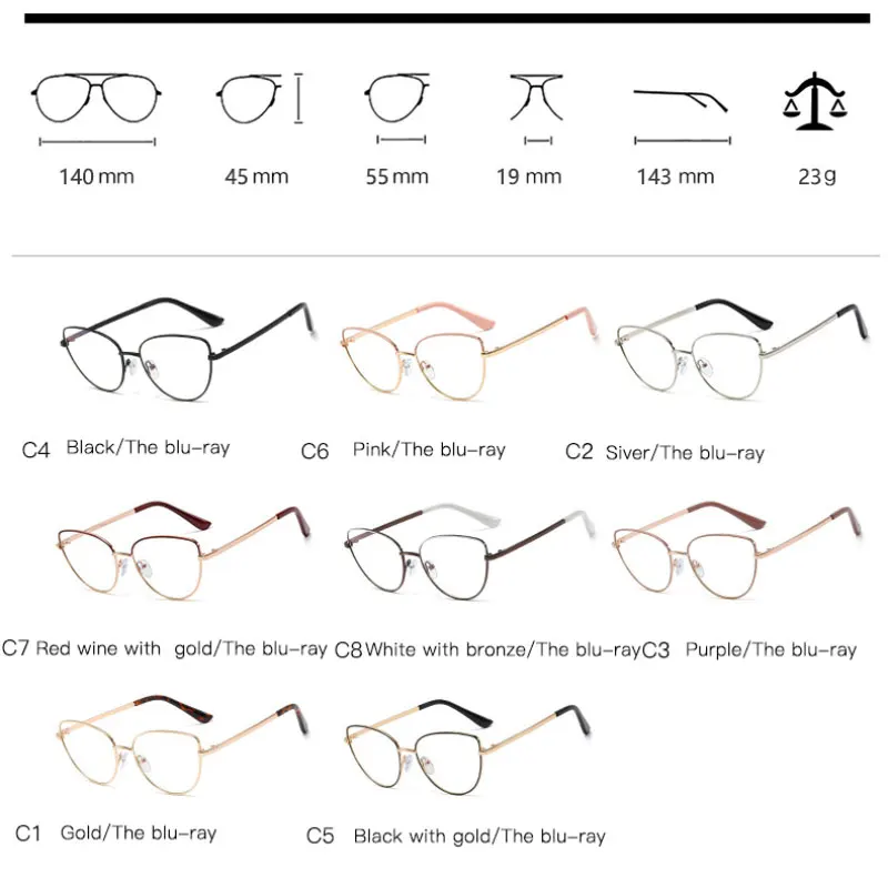 Alloy Eyeglasses Frame for Women Eyewear Full Rim Stylish Cat Eye UV400 Anti-Scratch Dust Proof Anti Radiation Coating Spectacle