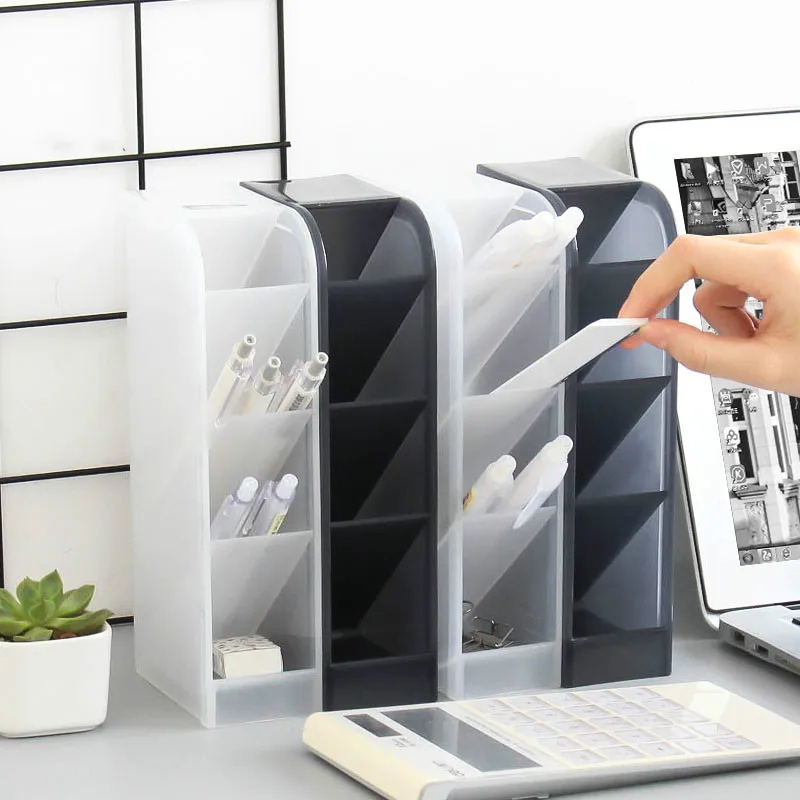 

Multi-function 4 Grid Desktop Pen Holder Office School Storage Case Clear White Black Plastic Box Desk Pen Pencil Organizer