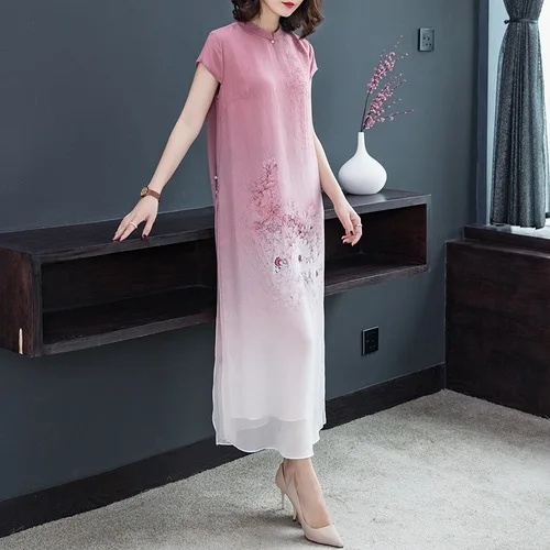 Ретро платье средней длины из шелка тутового шелкопряда улучшенный Cheongsam элегантный большой размер Весна и лето стиль