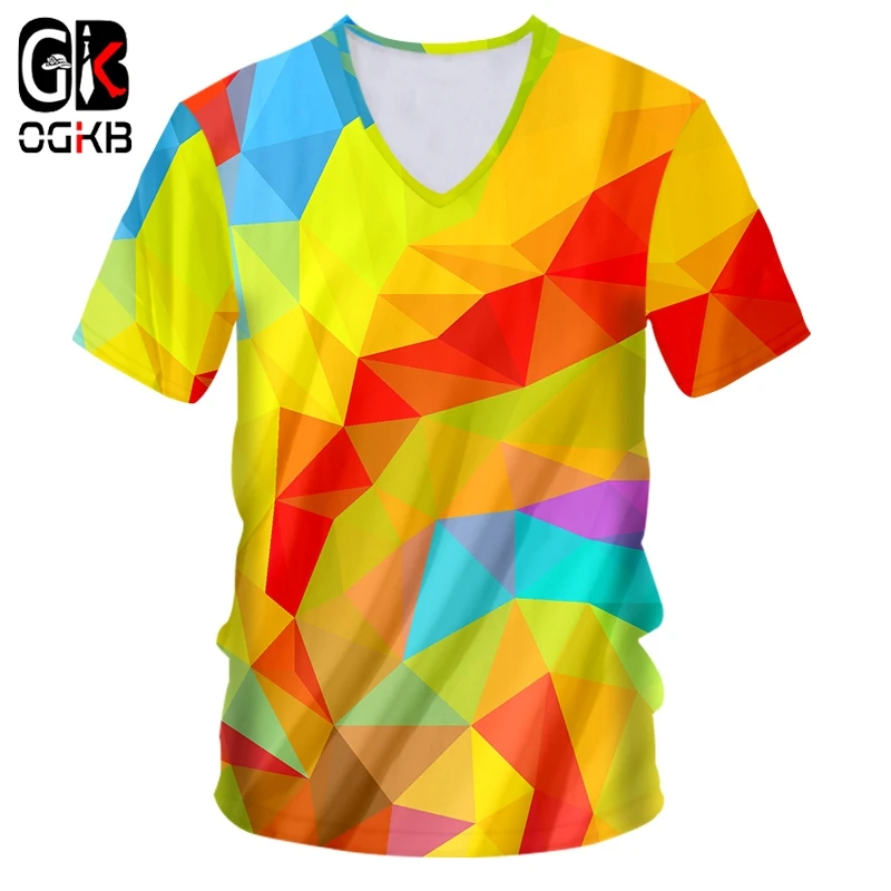 

OGKB Men Tshirts New Arrivals Gothic Print Colorful Geometric Diamond 3d T Shirt Casual V-neck Tee Shirts Camisetas Hombre