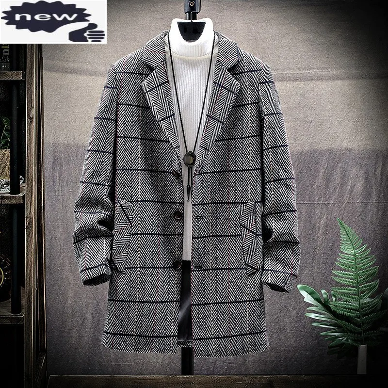 

Mens Korean Fashion Striped Trench Coat Autumn Winter Medium Long Warm Thick Overcoats Street Single Breasted Wool Blend Jacket
