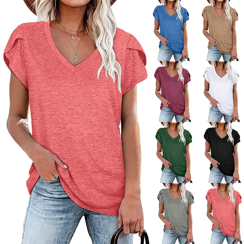 Camiseta de moda para mujer, blusa elegante de Color sólido, camisetas informales con cuello en V de manga corta para mujer 2021