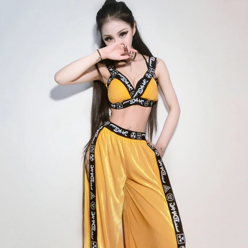 

Sexy Beyonce Dance Costume Women Yellow Set Stage Performance GoGo Dancer Costume Bar DJ DS Hip Hop Jazz Dance Costume VDB772