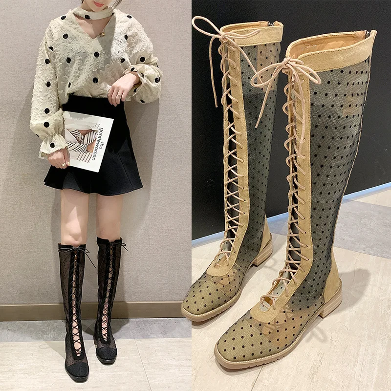 

Fashion Novelty Autumn Winter Knee High Boots for Women Air Mesh Polka Dot Autumn Boots Round Toe Low Big Size Shoes