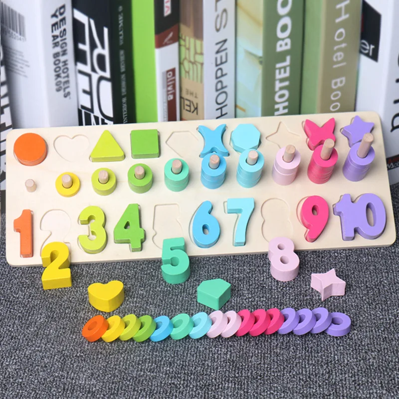

Children Wooden Quality Educational Teaching Aids Fishing Toys Three-in-One Numbers Board Color Cognitive Treasure Toy