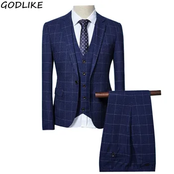

2020 New Tweed Men Suits Plaid Terno Wedding Suit One Buttons Groom Tuxedos Tailored Wool Suits Custom Made (Jacket+pants+vest)