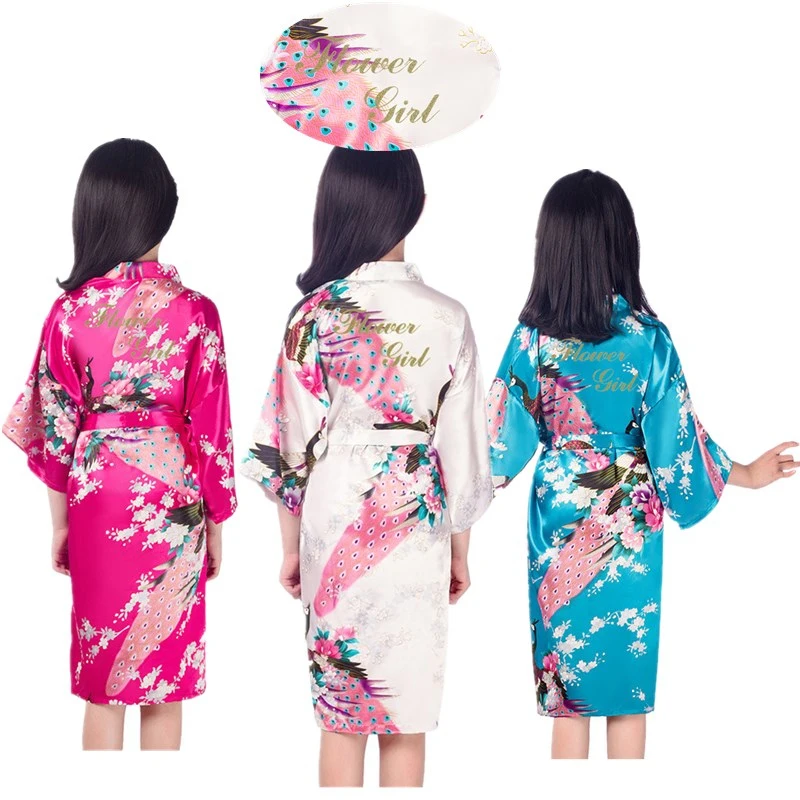 

Wholesale Peacock Children Flower girl with Gold Glitter Girls Satin Kimono Kids Robes for Wedding Bridal Party D13