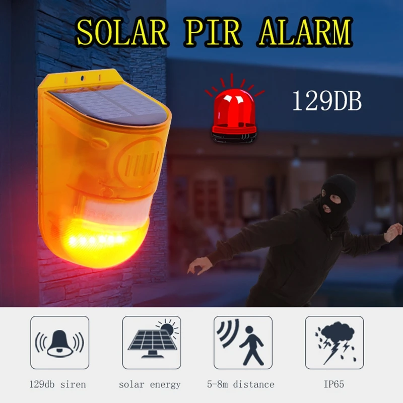 

IP65 Solar Alarm Siren With Strobe Wireless PIR Motion Sensor Alarm Detector For Garden Yard With 4 Modol Day And Night Lighting