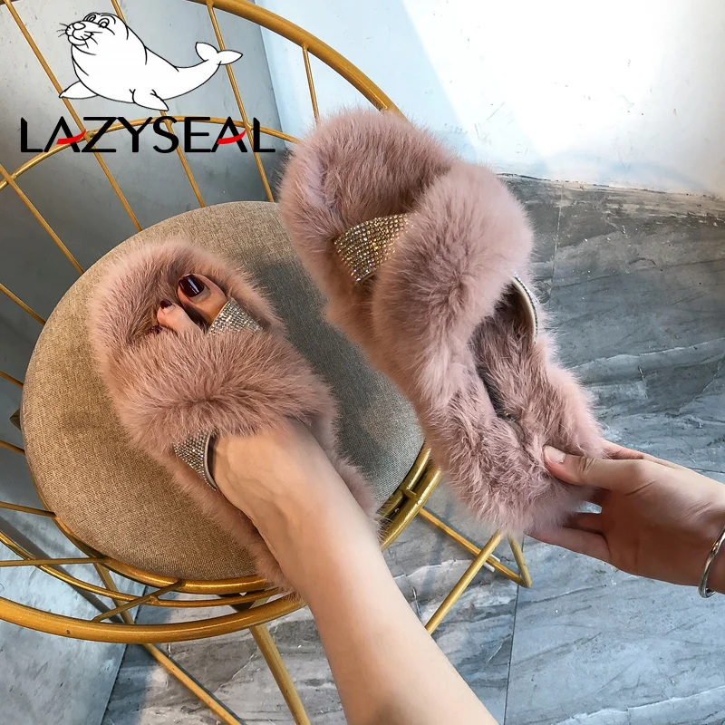 Домашние тапочки LazySeal из натурального меха с кристаллами женская обувь теплые
