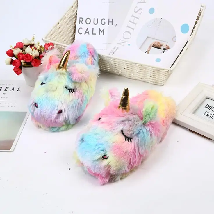 Костюм единорога для взрослых домашние тапочки женские Unicornio Pantufa Милая обувь унисекс с мультяшным мехом для дома Chausson Licorne Chinelo Размер 36-4 - Цвет: Colored unicorn