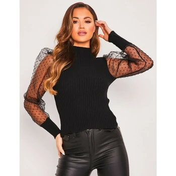 

Hirigin Women Spring Mesh Puff Long Sleeve Ribbed Knitted Shirt Loose Casual Polka Dots Blouse Tops Elegant Turtleneck Party