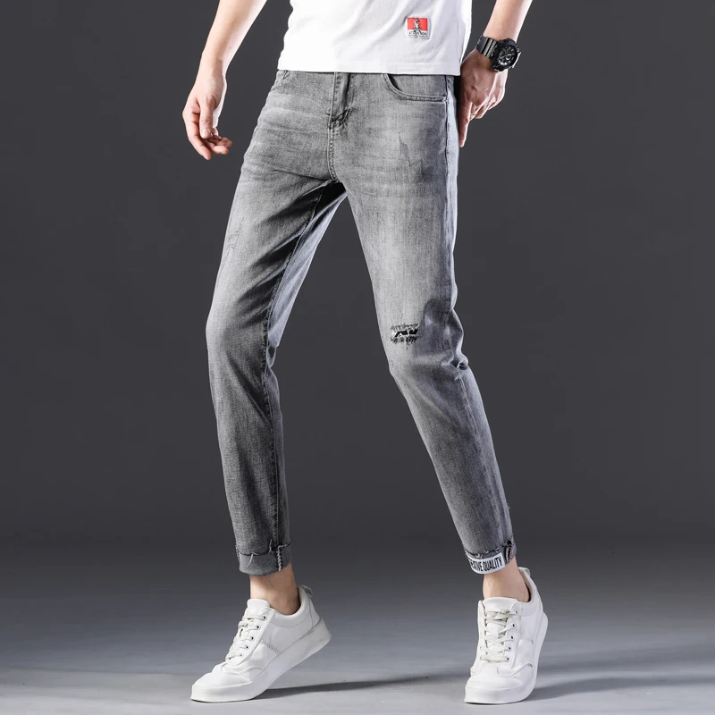 50% OFF Casual Mens jeans Cotton Slim Fit Grey Ankle-length Pant Streetwear Mens Ripped Holel Stretchy Ripped Skinny Jeans Trousers