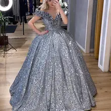 Блестящее серебряное арабское бальное платье с блестками пышные платья с открытыми плечами с оборками маскарадное платье больших размеров, милое 16 платье