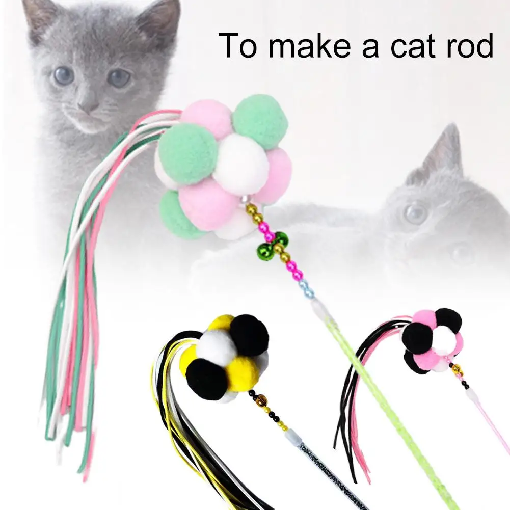 

Pet Cats Kitten Play Bite Toy Pompom Plush Ball Bell Tassel Teaser Wand Stick