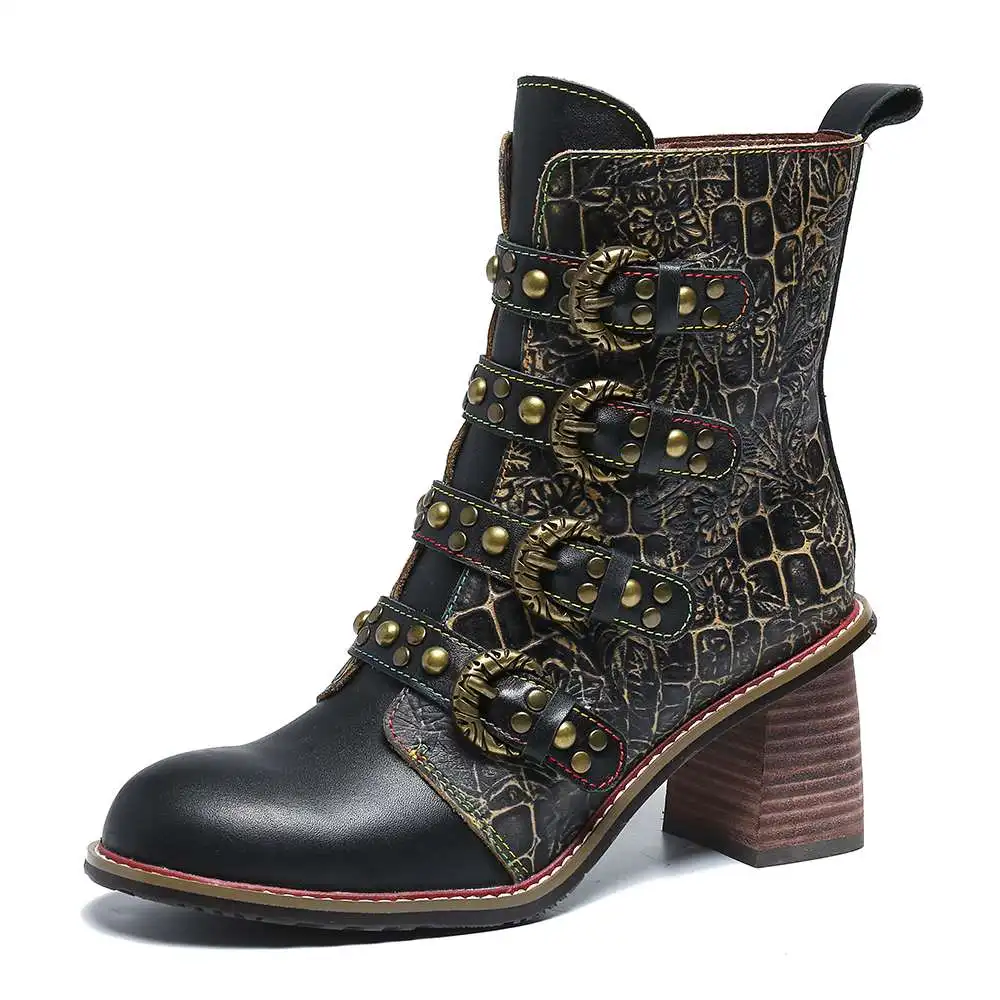 SOCOFY/ботинки в стиле ретро с металлической пряжкой и заклепками; красивые черные ботинки на молнии на высоком каблуке; женская обувь; Botines Mujer; - Цвет: Черный