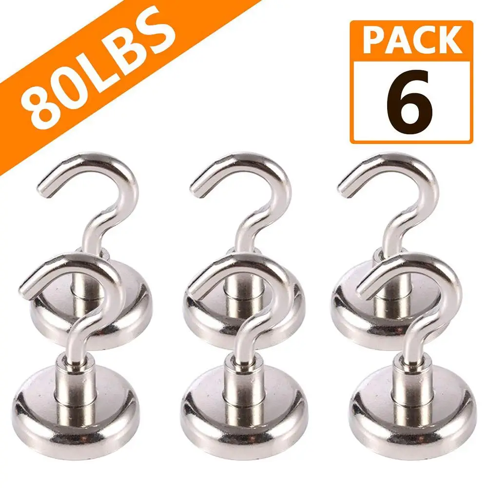 

6PCS Magnetic Hooks Powerful Hook Magnet Holder 10kg Suction Wall Hook Holder Support Hardware Magnetic Tool Silver