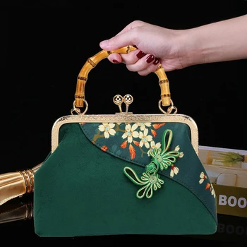 

Embroidery Flower Women's Handbags Bamboo Wood Hand Bags Bag Kiss Lock Vintage Frosted Cloth Chain Women Shoulder Crossbody Bags
