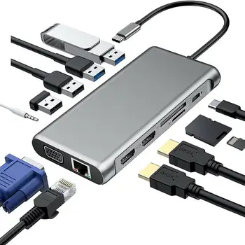 

USB Type C Hub to HDMI MST 4K VGA 12 in 1 Adapter USB C HUB 3.0 Docking Station RJ45 Lan Ethernet TF for Macbook