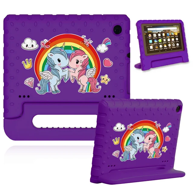 Cute Cartoon Kids Cover for Fire 7 (5th 7th 9th Gen)/HD 8 Tablet Handle Stand Funda Case for Fire HD 8 Plus (10th Gen 2020) 21.purple case-twin