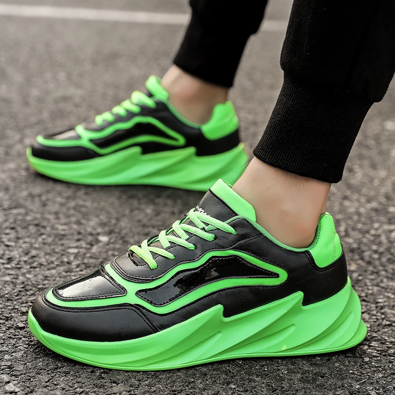 Новинка; модные мужские кроссовки для бега из лакированной кожи; мужские кроссовки на шнуровке; Цвет зеленый; спортивная обувь; zapatillas hombre chaussure