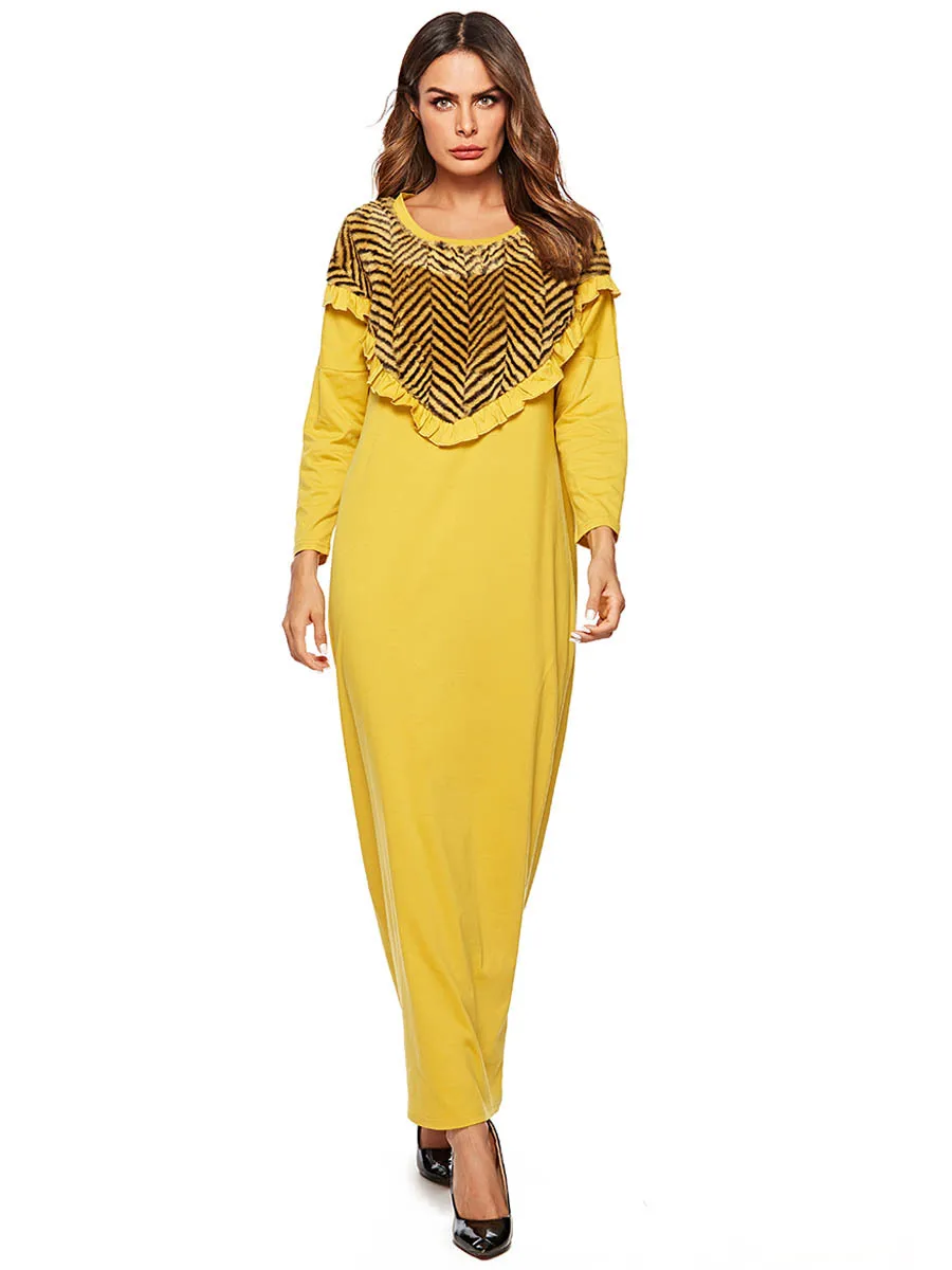 7478 AliExpress Ближний Восток мусульманская одежда Желтый Вязаный совместное флисовые платье с длинными рукавами для девочек