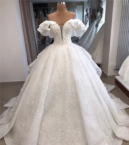 Vestido De Noiva роскошное бальное платье с бусинами, свадебное платье, сверкающее Настоящее фото, пышные рукава, свадебные платья, Robe De Mariee - Цвет: Слоновая кость