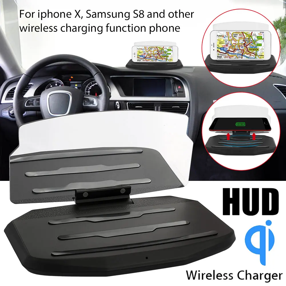 Phone HUD Stand Projection Bracket Multi-Functional Car GPS Holder Head-Up Display Wireless Charger DC 5V Black