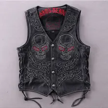 Черный мужской мотоциклетный кожаный жилет с вышивкой черепа размера плюс XXXL из натуральной воловьей кожи короткий Байкерский кожаный жилет