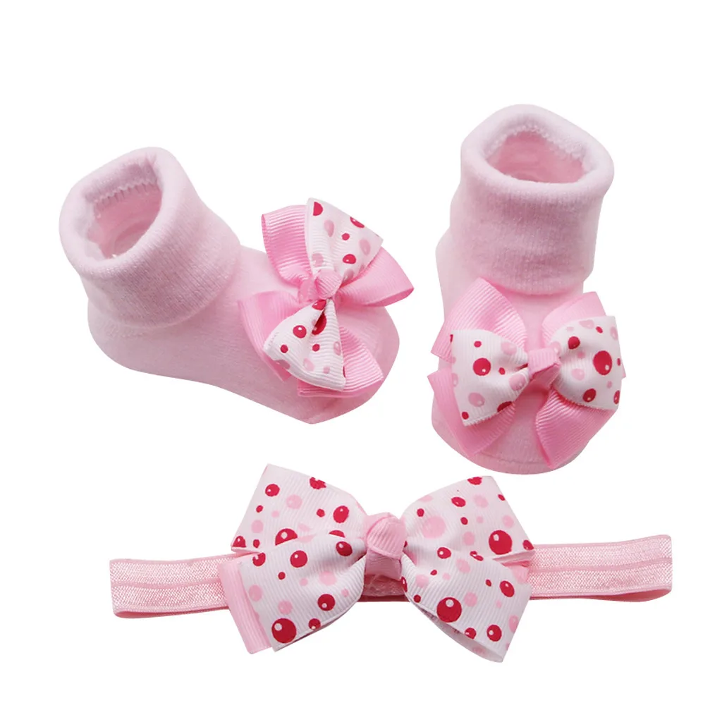 Милые носки для маленьких девочек, комплект из 2 предметов, зимние носки для малышей+ 1 шт. пояс для волос, нескользящие носки с бантиком и оборками для маленьких девочек, детские носки