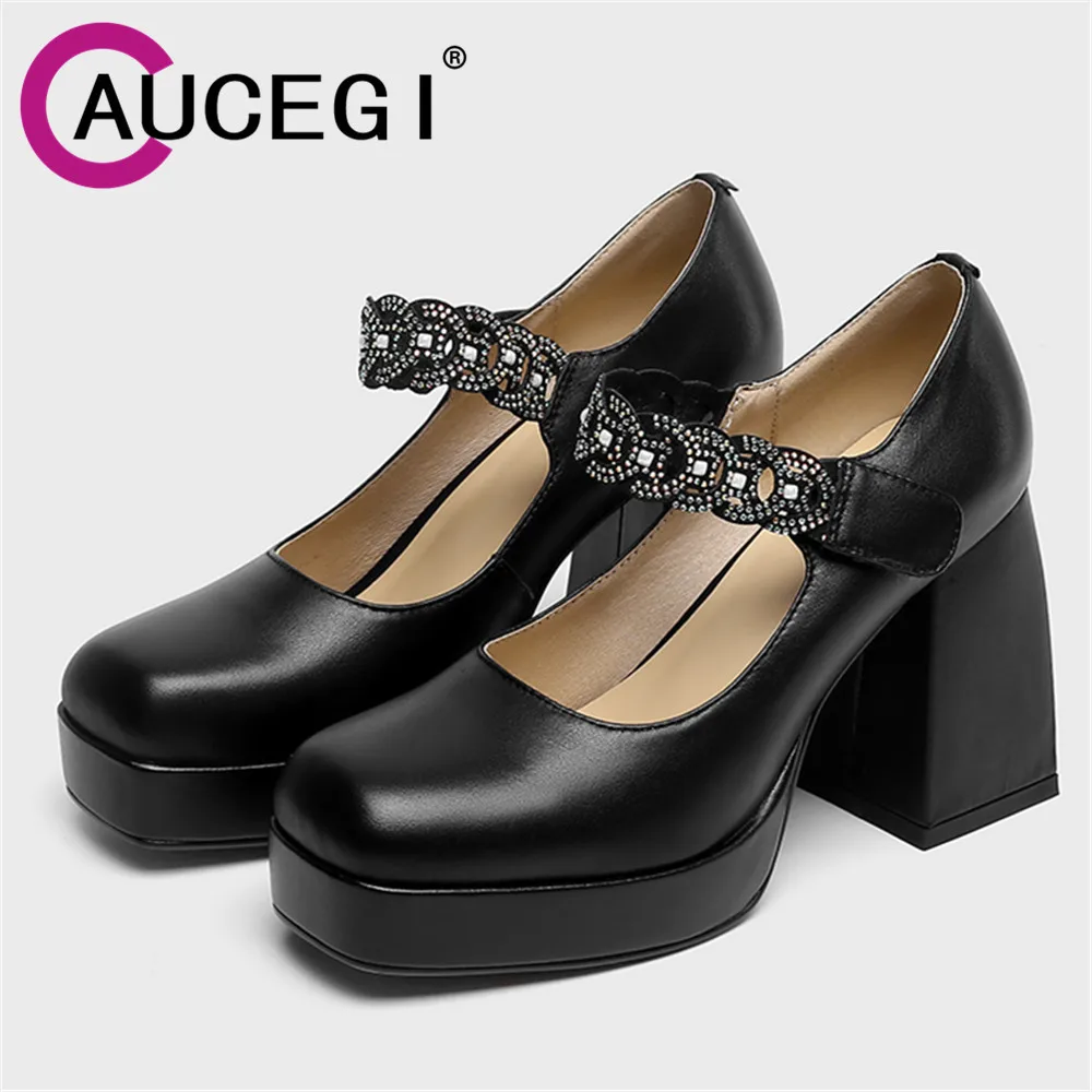 

Aucegi Women Pumps Brand New Rhinestone One Strap Platform Chunky High Heel Sexy Cow Leather Square Toe Mary Jane Footwear