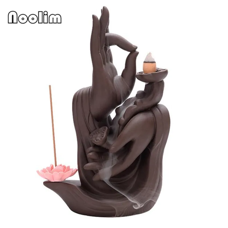 

Buddha Hand Backflow Incense Ceramic Burner Lotus Incense Stick Holder Auspicious Feng Shui Ornaments+10pcs Free Cones