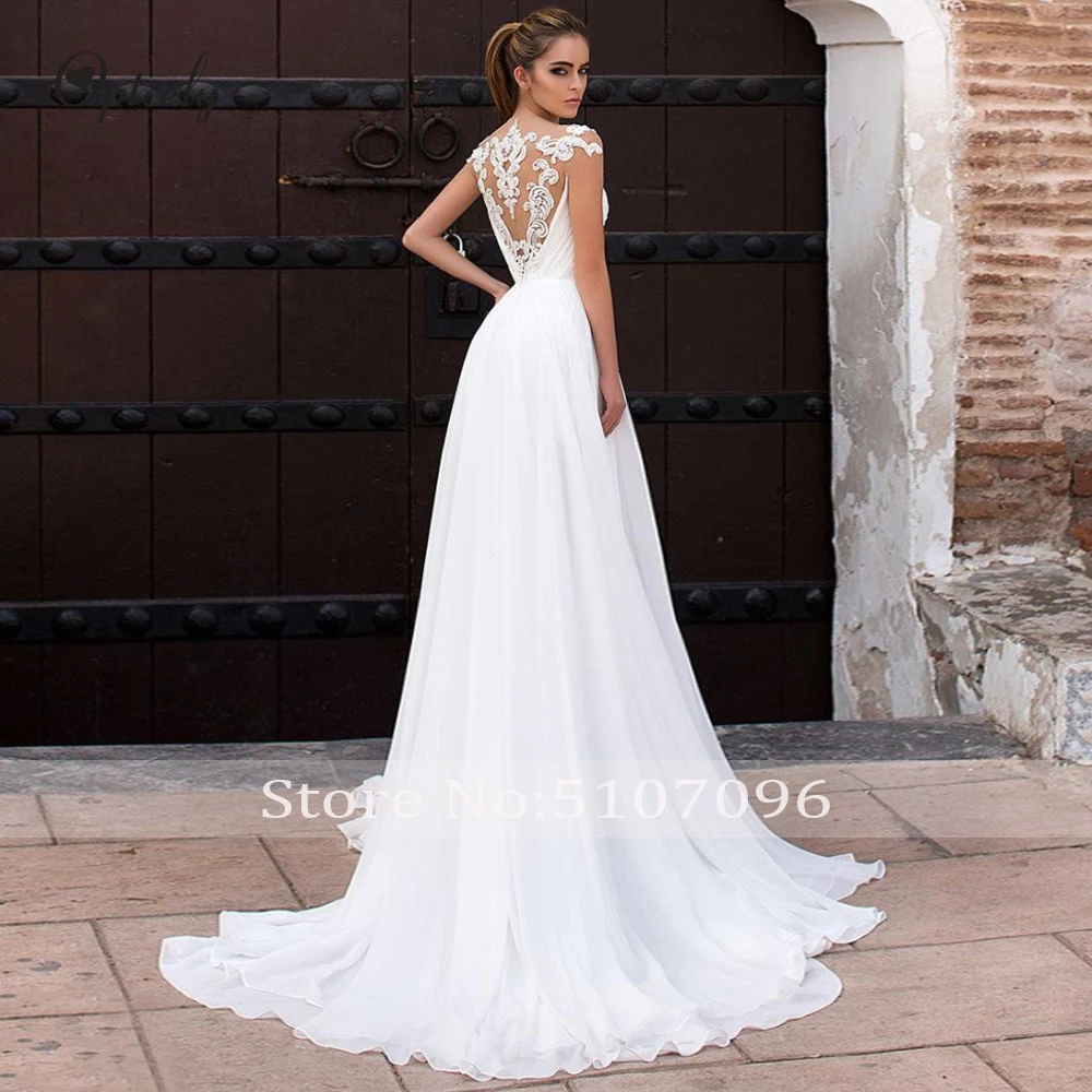 Optcely Vestido de Noiva элегантное шифоновое пляжное свадебное платье с круглым вырезом и коротким рукавом, с аппликацией в виде поезда, с бисером, с коротким рукавом