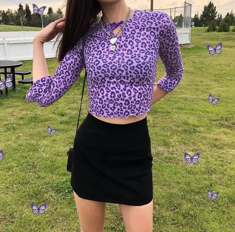 Fashion Slim Purple Leopard t shirt 