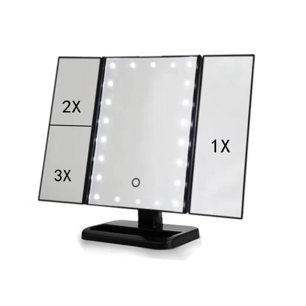 

New Style Desktop Three Folding LED Shining Makeup Mirror Three Fold Light Included Mirror with 2X3X Amplifier Mirror Factory