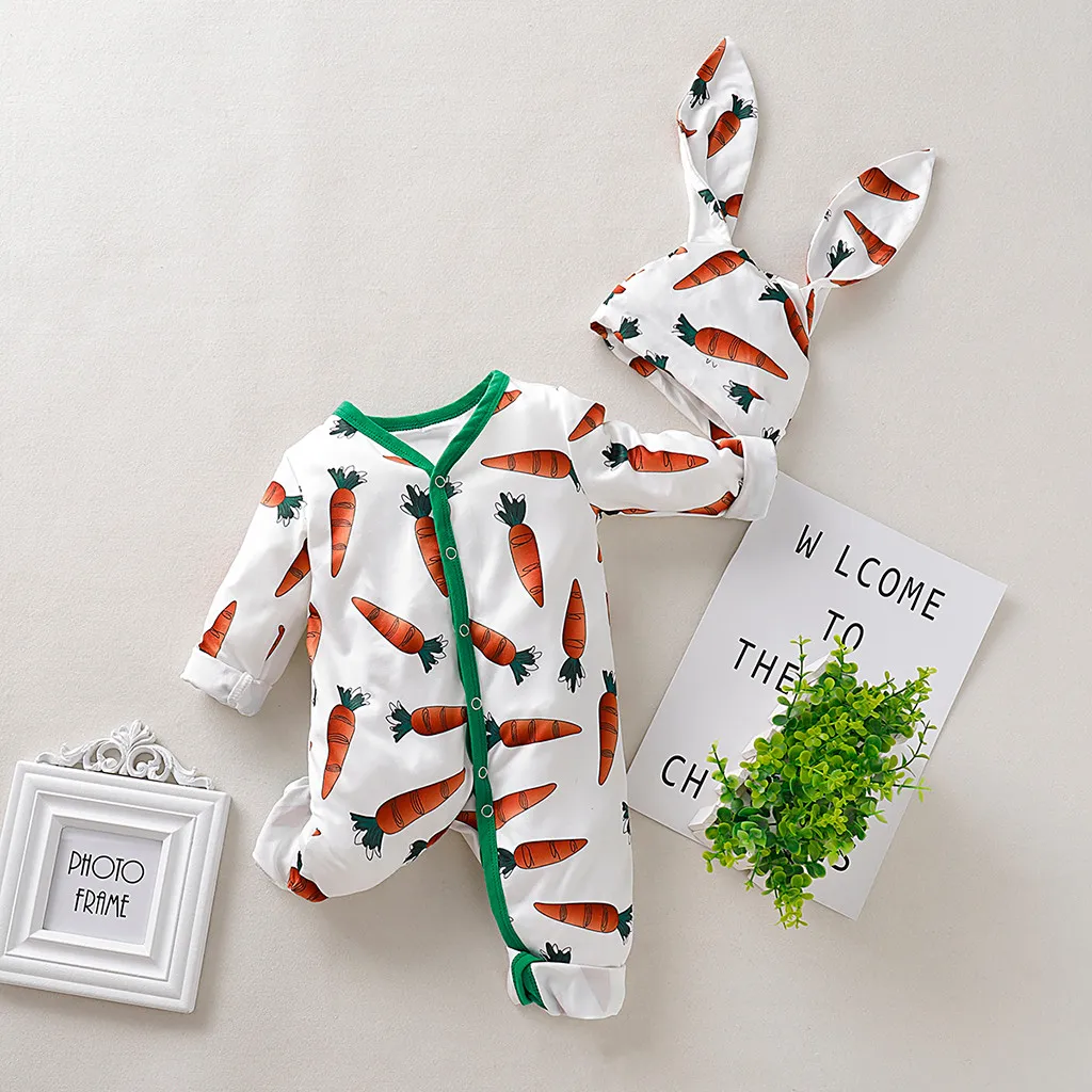 Beste Kinderen Winter Kleding Baby Baby Jongens Meisjes Cartoon Wortel Print Romper Jumpsuit + Rrabbit Oren Hoed Set Vetement Fille 3 m 18 M 2019