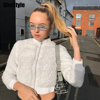 

Shestyle White Flannel Zip Up Short Coats Women 2019 Autumn Winter Fluffy Soft Warm Streetwear Crop Jackets New Arrivals