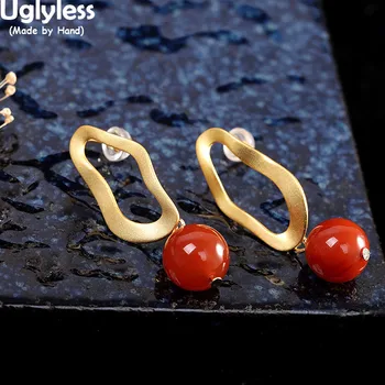 

Uglyless Hollow Irregular Round Summer Fashion Dress Earrings for Women Nature Jade Agate Balls Gems Earrings 925 Silver Brincos
