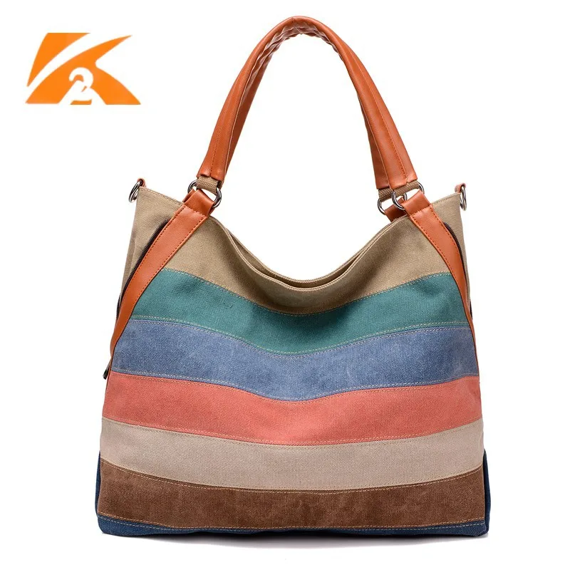 

Korean-style WOMEN'S Canvas Handbag Contrast Color Bag Stripes Fashion Retro Large-Volume Crossbody Bag