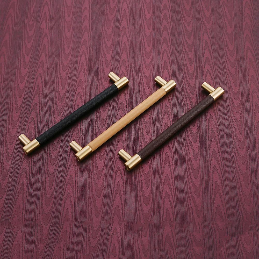 1 PCS Cabinet Knobs/Handles Brass Cupboard Wardrobe Pull Black/Brown Leather Door Handles High Quality Home Decor