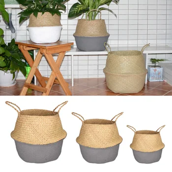 

28/33/38CM Handmade Bamboo Storage Basket Foldable Straw Patchwork Wicker Rattan Seagrass Belly Garden Flower Pot Planter Basket