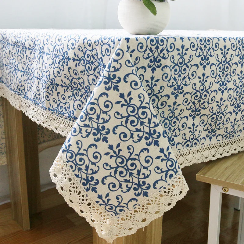 Home Decor Blue and White Porcelain Lace Tablecloth New High Quality Linen Cotton Dust-proof Table Cloth Chinese Classical | Дом и сад
