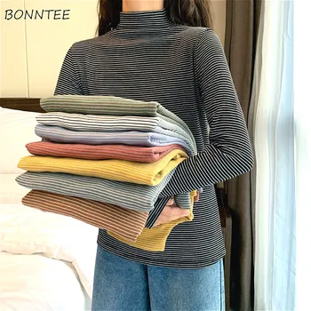 

Long Sleeve T-shirts Women Striped Turtleneck High Quality Tops Womens All-match Students Harajuku Korean Style Simple T-shirt